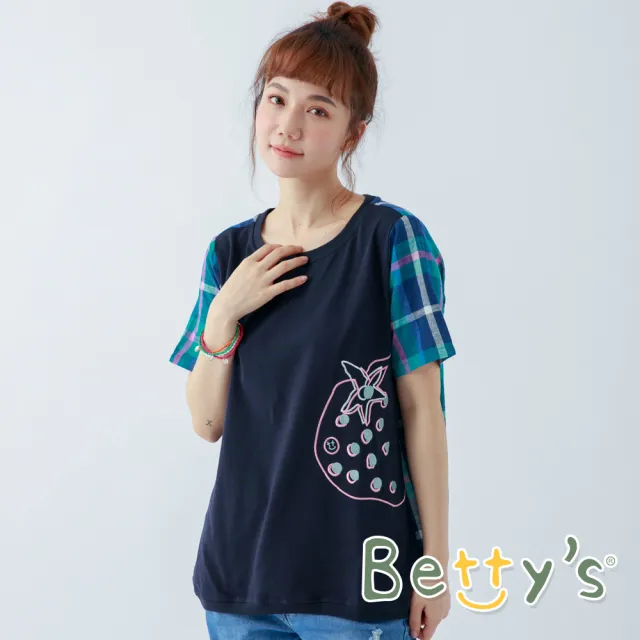 【betty’s 貝蒂思】水果繡線格紋袖T-shirt(藍色)