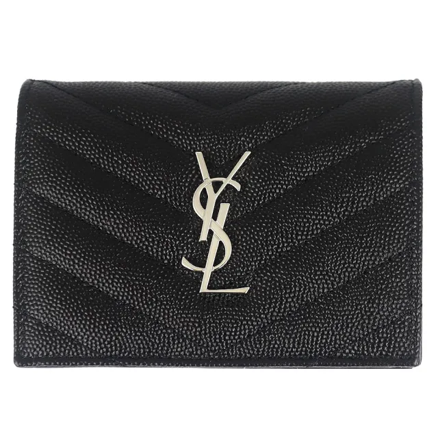 【YSL】MONOGRAM 珍珠紋V型牛皮銀字翻蓋短夾(黑色/拉鍊夾層)