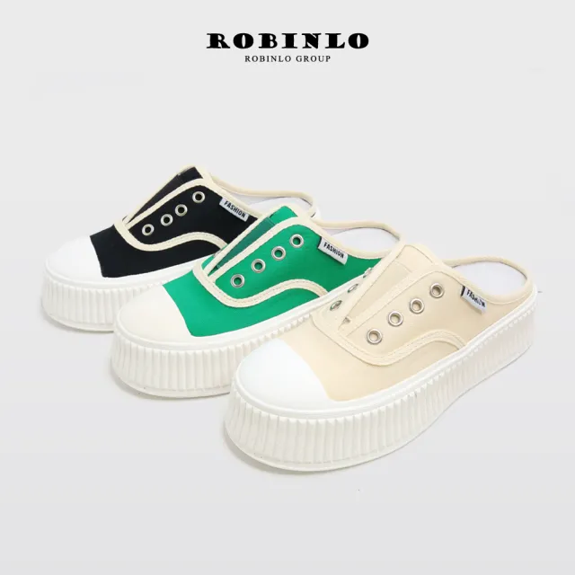 【Robinlo】簡單樂活帆布厚底穆勒餅乾鞋MYRTLE(黑色/綠色/米白色)