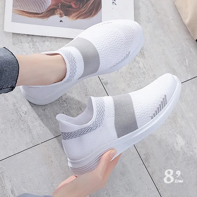 【89 zone】日系時尚繃帶潮流休閒透氣 女飛織鞋 運動鞋 休閒鞋(白)
