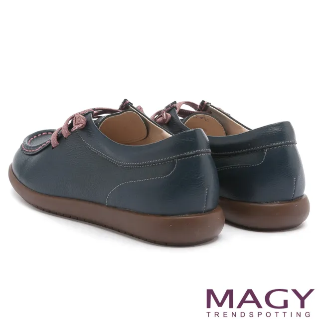 【MAGY瑪格麗特】樂活休閒 素面縫線鬆緊帶牛皮休閒鞋(藍色)