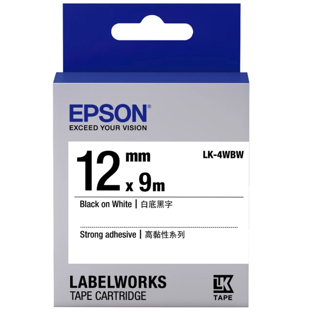 【EPSON】高黏性標籤帶 白底黑字/12mm(LK-4WBW)