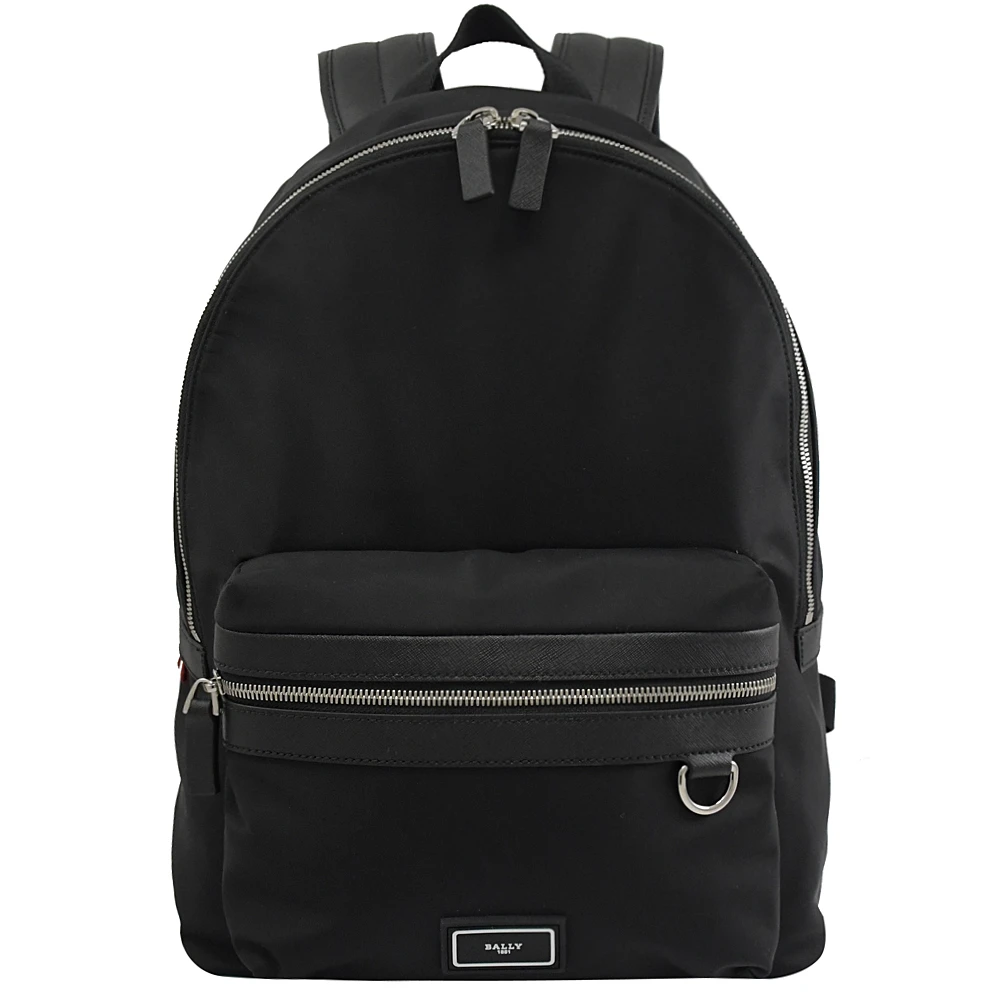 簡約品牌LOGO厚尼龍前口袋手提旅用包後背包(黑 大款)
