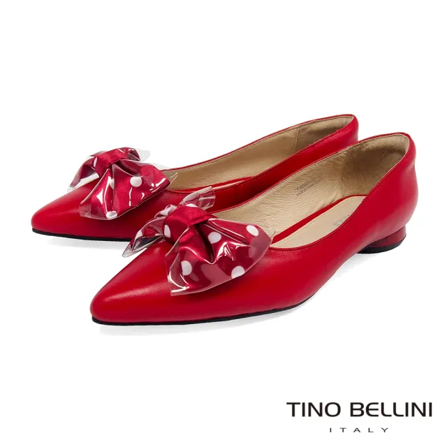 【TINO BELLINI 貝里尼】俏麗大蝴蝶結尖頭低跟娃娃鞋 TF8590(紅)