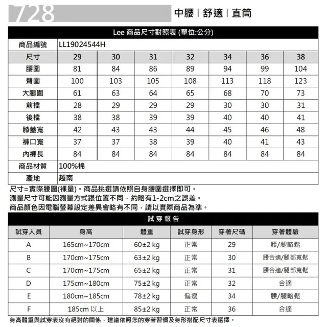 【Lee】728 中腰標準直筒 男牛仔褲-深藍洗水