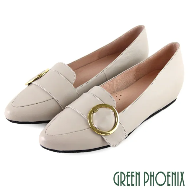 【GREEN PHOENIX 波兒德】女款台灣製金屬圓釦全真皮內增高尖頭娃娃鞋(卡其色)