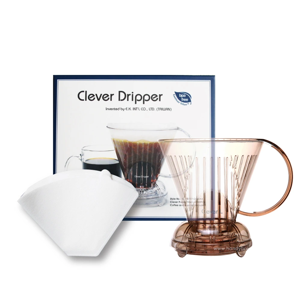【Clever Dripper】聰明濾杯C-70777 L尺寸500ml+專用咖啡濾紙100張-透明咖啡色(附滴水盤和上蓋)