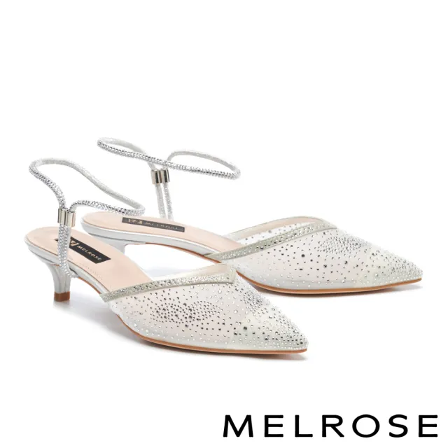 【MELROSE】時髦閃耀晶鑽透膚網紗尖頭低跟鞋(白)