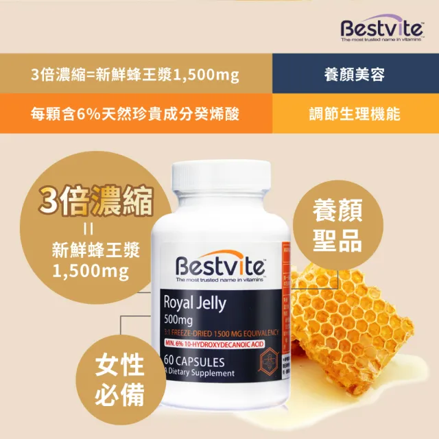 【美國BestVite】必賜力高濃縮蜂王乳膠囊3瓶組(60顆*3瓶)