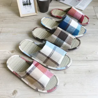 【iSlippers】台灣製造-小日常-真草蓆室內拖鞋(英倫格紋)