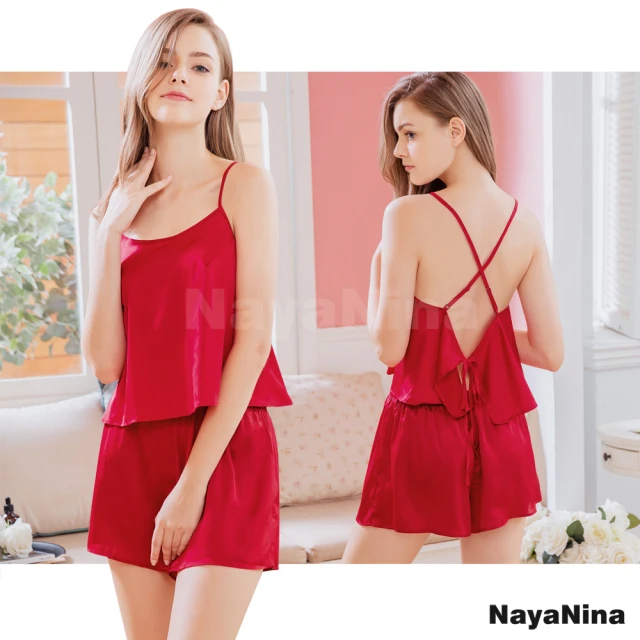 【NAYA NINA】法式艷紅緞面交叉美背細肩短褲套裝居家服睡衣(情趣/性感/成套/居家服)