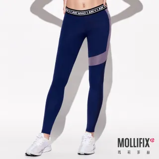 【Mollifix 瑪莉菲絲】撞色拼接褲頭織帶動塑褲、瑜珈服、Legging(藍+灰)