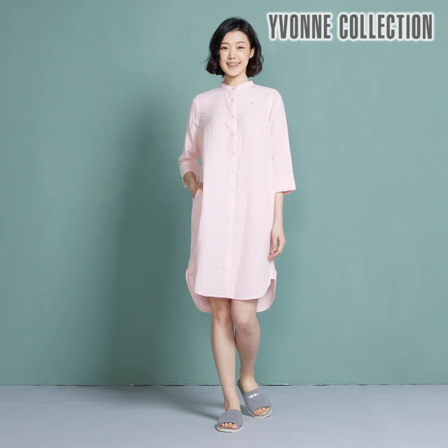 【Yvonne Collection】雙層紗無領襯衫式長袖洋裝(淺粉)