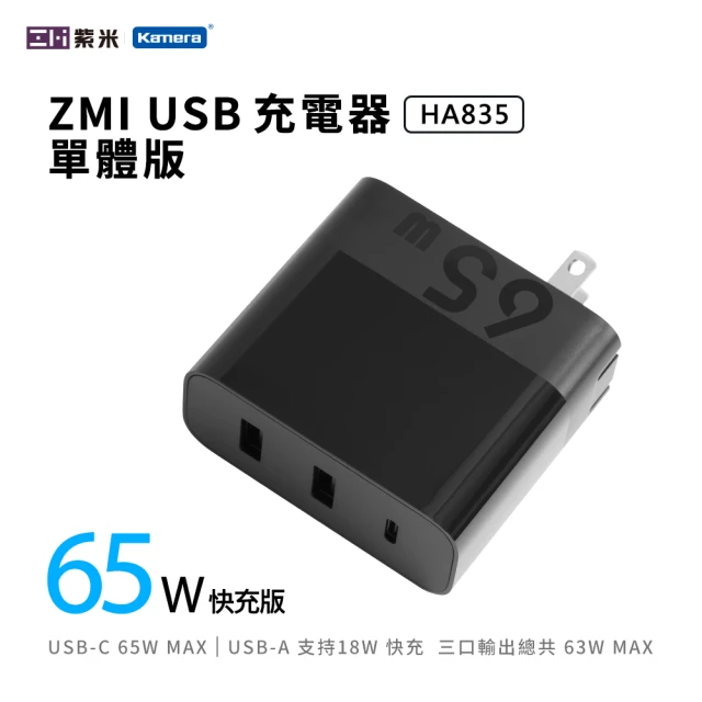 第10名 【Zmi 紫米】65W USB-A-USB-C PD QC 三孔快充充電器(HA835)