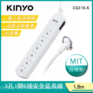 【KINYO】1開6插安全延長線1.8M(在家工作必備 CG316-6)