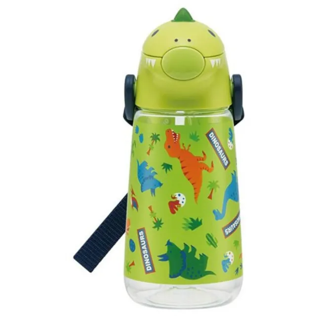 【小禮堂】恐龍 日製 造型蓋直飲式水壺 附背帶 塑膠水瓶 隨身瓶 420ml 《綠》