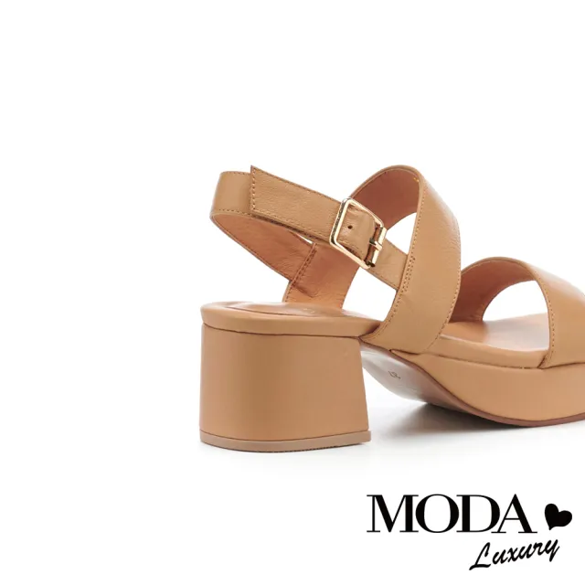 【MODA Luxury】簡約俐落一字繫帶牛皮方釦高跟涼鞋(杏)