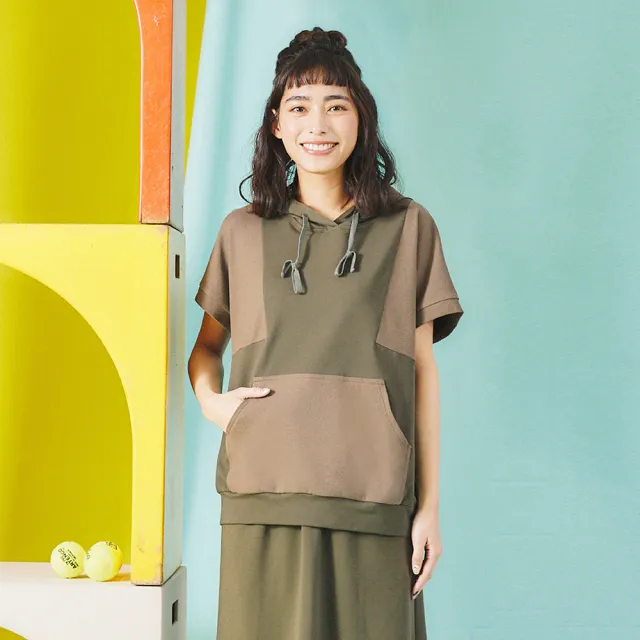 【Dailo】運動風拼接連帽-女短袖上衣 藍 綠 黑(三色/版型合身)