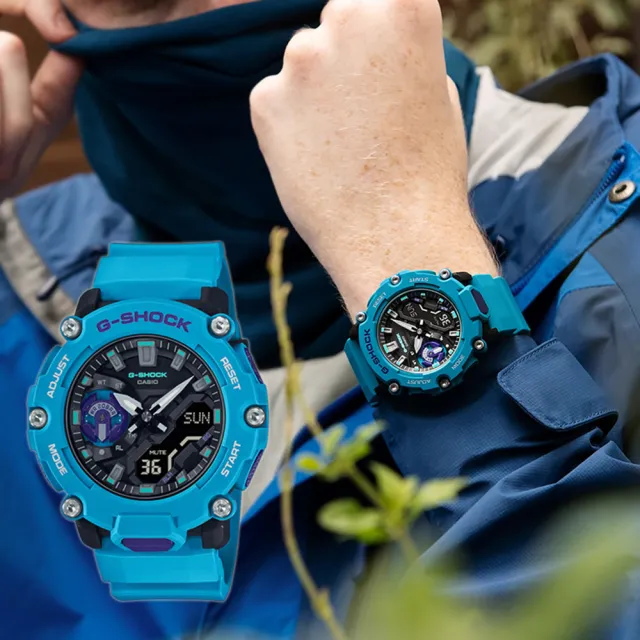 CASIO 卡西歐】G-SHOCK 一起冒險去碳核心防護構造雙顯計時手錶-藍綠(GA