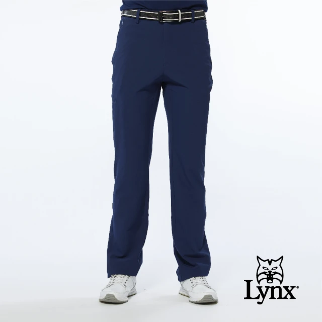 【Lynx Golf】男款潑水功能隱形拉鍊款腿袋設計平口休閒長褲(深藍色)