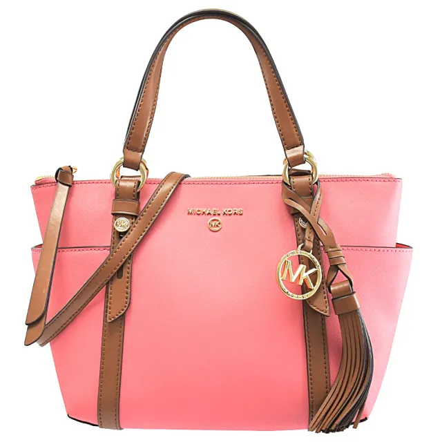 【Michael Kors】超美流蘇吊飾撞色雙口袋手提二用包(桃粉)