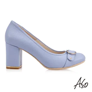 【A.S.O 阿瘦集團】職場通勤 健步通勤優雅飾釦條帶粗跟鞋(粉藍)