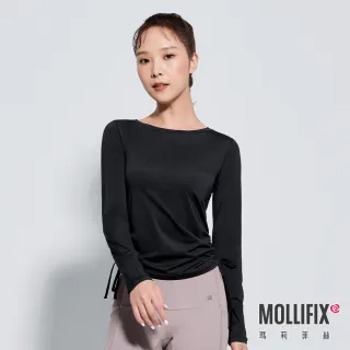 【Mollifix 瑪莉菲絲】側邊抽繩長袖訓練上衣(黑)