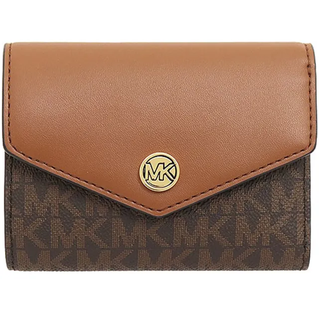 【Michael Kors】JET SET TRAVEL焦糖咖啡x深咖啡PVC滿版LOGO 6卡零錢袋三折短夾