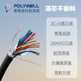 【POLYWELL】VGA線 公對公 3+9 1080P 高畫質螢幕線 3M(使用滿芯線材和雙磁環 抗干擾無雜訊)