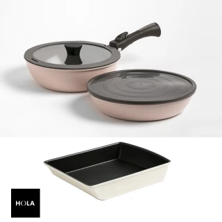【HOLA】可拆式陶瓷不沾導磁煎炒鍋5件組-粉+玉子燒鍋-白