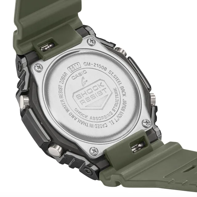 CASIO 卡西歐】G-SHOCK 時尚經典八角型農家橡樹金屬錶殼雙顯錶-軍綠(GM