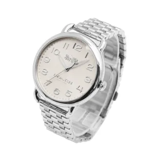 【COACH】經典小馬車 白面 銀框 不銹鋼錶帶 手錶 腕錶 七夕情人節(CO14502432)
