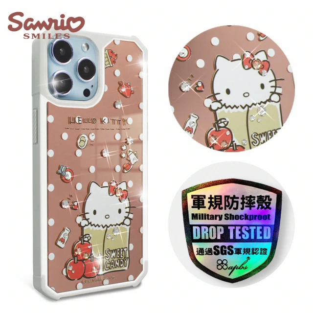 【apbs】三麗鷗 Kitty iPhone 13 Pro Max / 13 Pro / 13 軍規防摔鏡面水晶彩鑽手機殼(蘋果凱蒂)