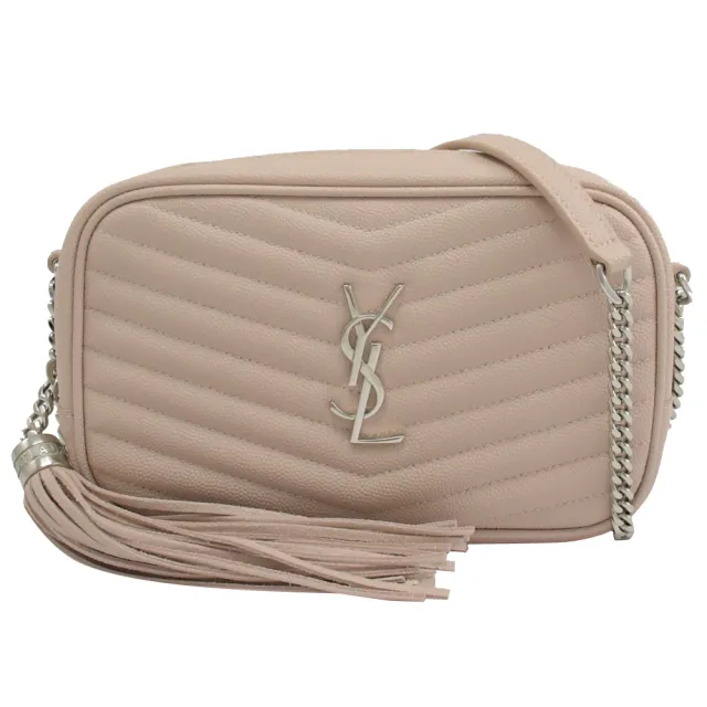 【YSL】金屬LOGO菱格V字紋流蘇吊飾手拿鍊包斜背包(淺粉)