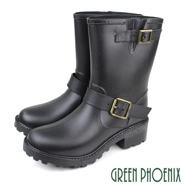 【GREEN PHOENIX 波兒德】女款質感個性雙皮帶飾釦中筒雨靴/雨鞋(黑色)