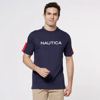 【NAUTICA】男裝 簡約修身拼接短袖T恤(海軍藍)