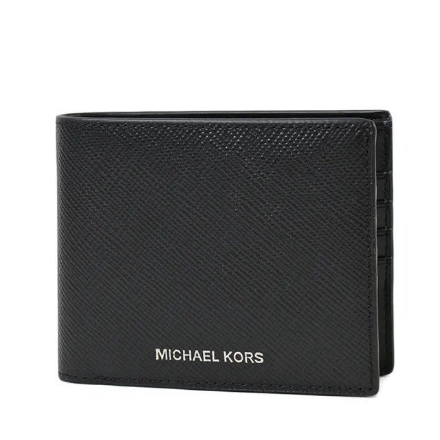 【Michael Kors】男款 燙印LOGO防刮皮革八卡短夾/附證件夾-黑色