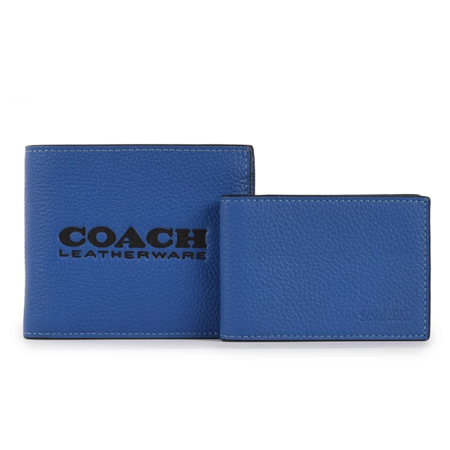【COACH】專櫃款 壓印荔枝紋皮革短夾 附獨立證件夾(藍)