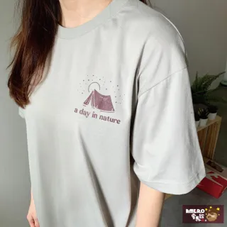 【AMERO】男女裝 圓領短袖T恤(露營印花 寬鬆 落肩 情侶裝)