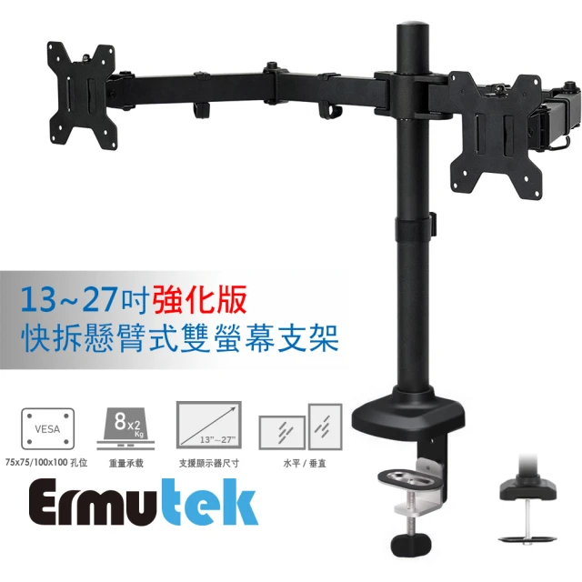 【Ermutek 二木科技】快拆式強化版桌上型13~27吋雙螢幕支架/雙螢幕液晶電視(夾鎖桌兩用固定)