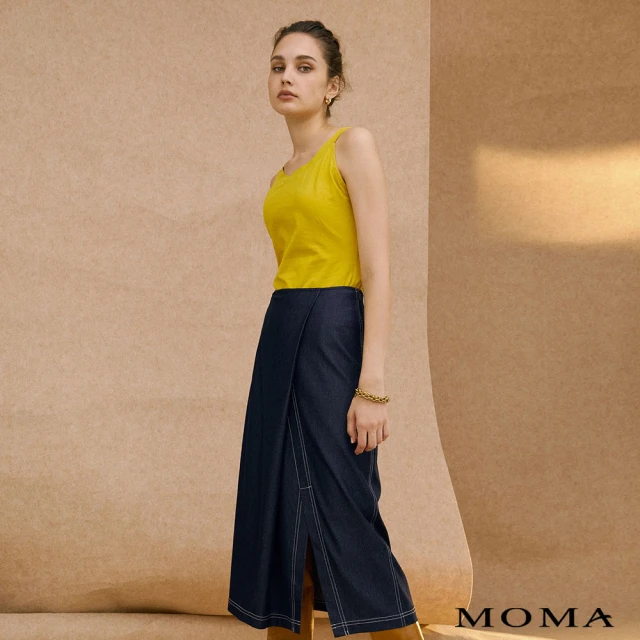 【MOMA】撞色車線設計感牛仔裙(深藍色)
