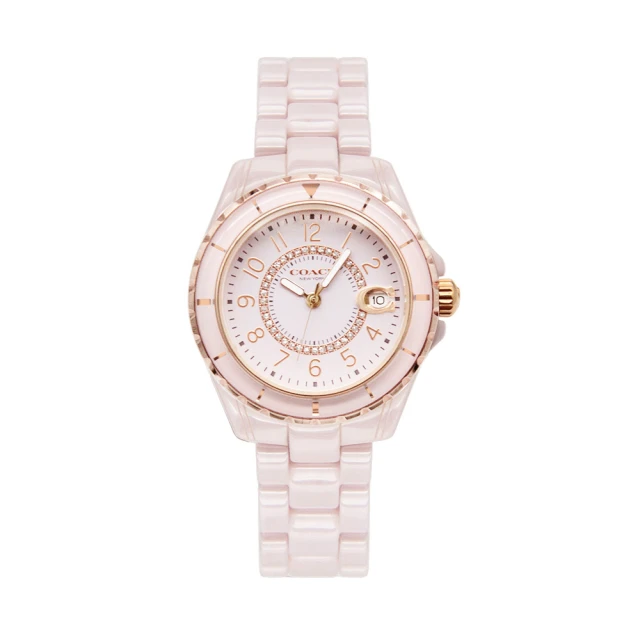 【COACH】粉色系搭玫瑰金 晶鑽粉彩陶瓷女錶(CO14503463)