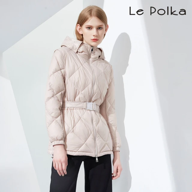 【Le Polka】菱形線收腰羽絨外套-附腰帶-兩色
