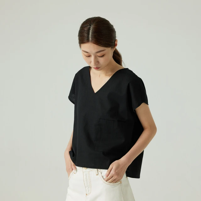 【giordano ladies】22SS_棉麻蓋袖口袋上衣