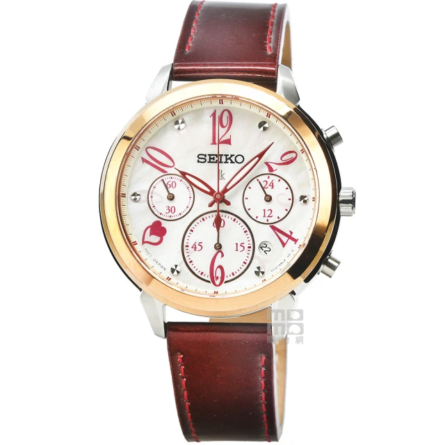 【SEIKO 精工】精工LUKIA三眼計時漆皮皮帶女錶-玫瑰金框貝殼面(SRW812P1)