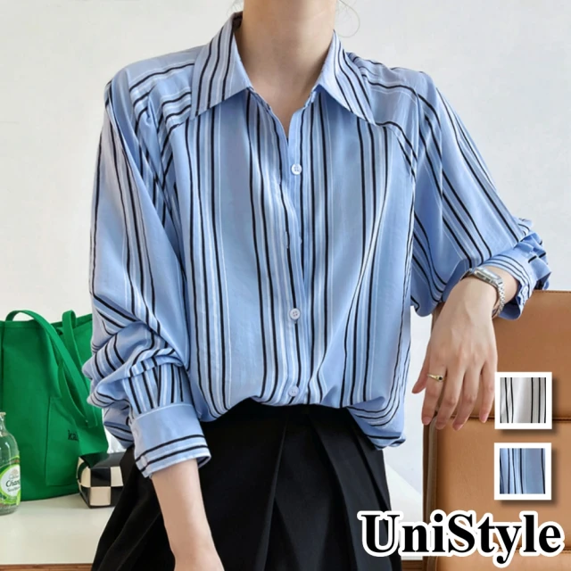 UniStyle【UniStyle】韓版慵懶豎條長袖襯衫 女 UV3717(藍條紋 白條紋)