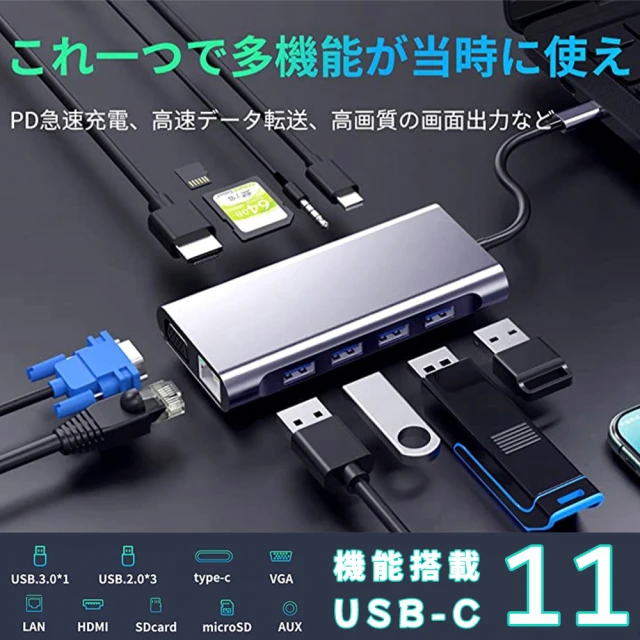 11 in 1 USB C 集線器(RJ45、HDMI、VGA、SD插槽、TF插槽、USB3.0、USB2.0、PD接口、音源孔 3.5mm)