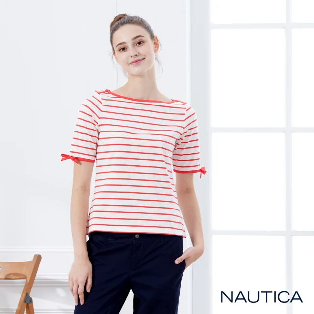 NAUTICA【NAUTICA】女裝平口領條紋蝴蝶結短袖T恤(白)