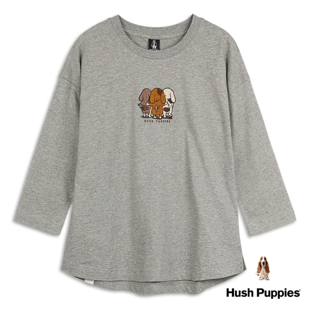 【Hush Puppies】女裝可愛狗狗好朋友刺繡七分袖T恤(麻灰 / 24211104)