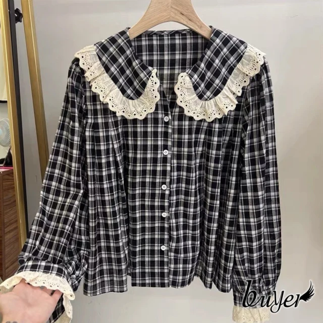 【buyer 白鵝】日系 拼接蕾絲布格紋衫(黑)